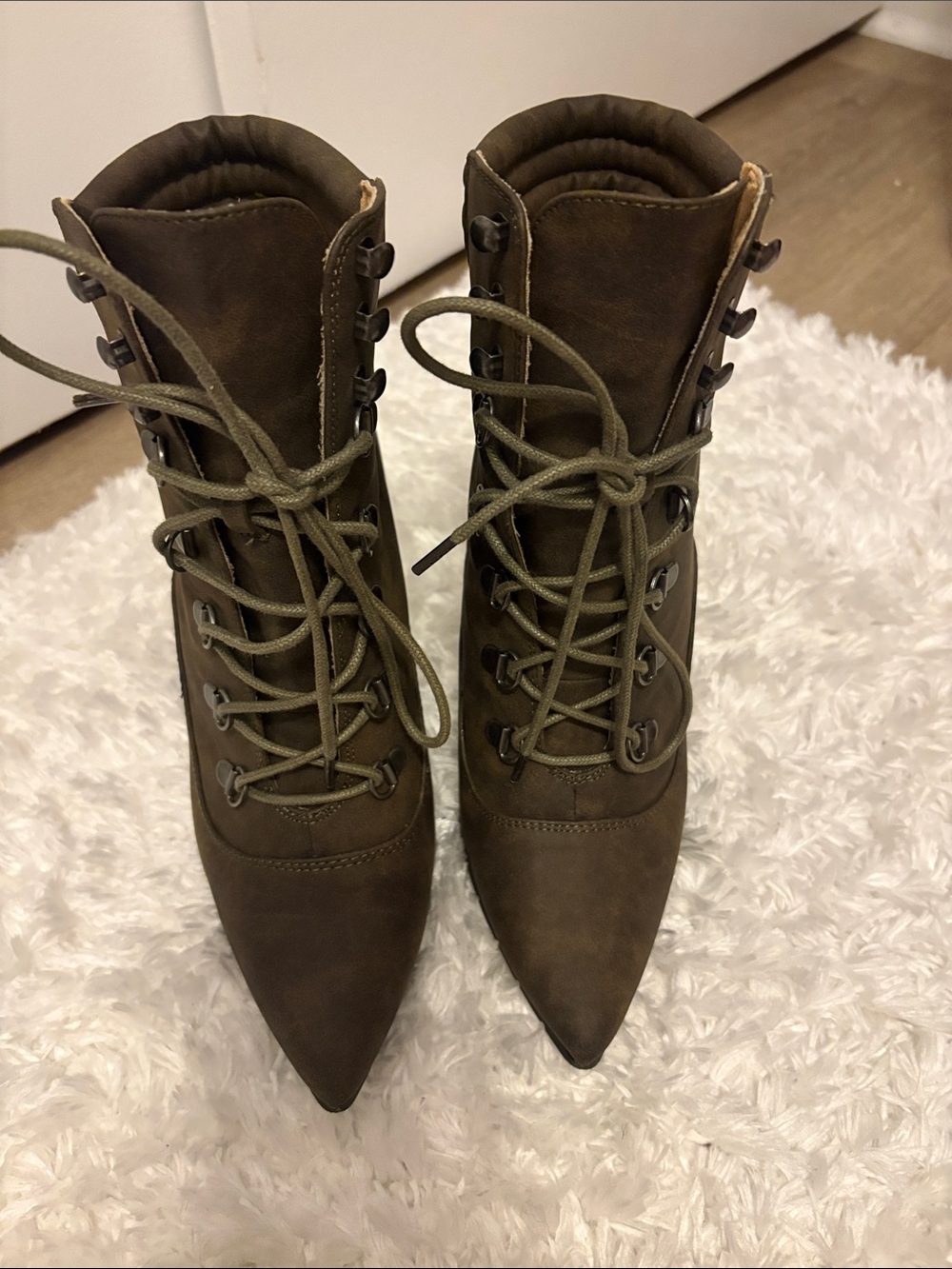 Qupid Olive Pointed Toe Lace-Up Ankle Boots